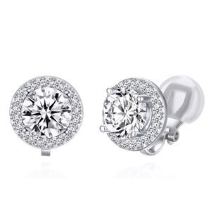 Silver with White Diamond AAA Cubic Zirconia Round Stud Cushion Clip On Earrings